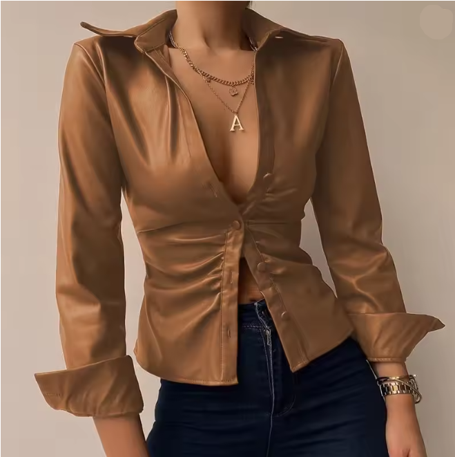 W&W Mode V-Ausschnitt PU-Leder bedruckt Langarm Patchwork-Bluse
