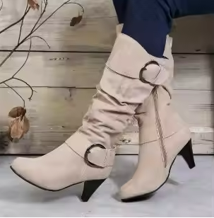 W&W Mode | Damen Knielange Stiefel mit Reißverschluss und Schnalle Stilvolle Hohe Stiefel
