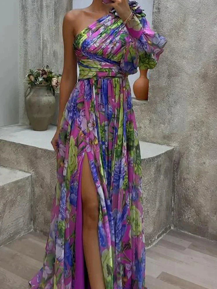 W&W Mode | Maxikleid mit sexy Seitenschlitz und einem Ärmel in lila Druck