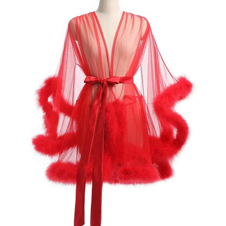 Damen Kleid aus transparentem Tüll mit Federsaum und Satinband