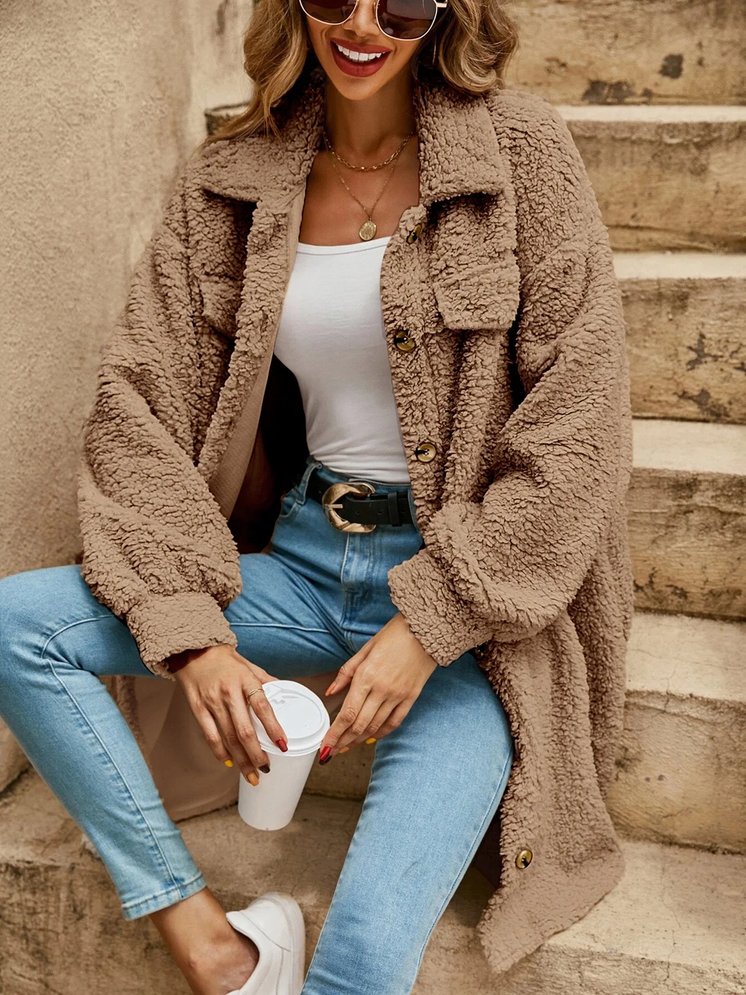 W&W Mode - Damen Button-up Mantel mit auffälligen Knöpfen