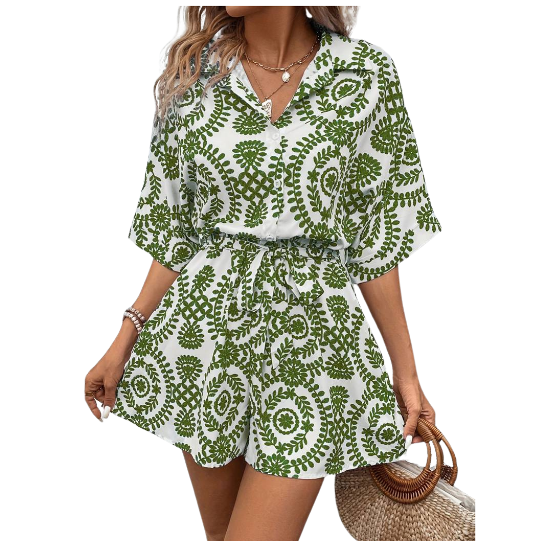 W&W Mode Jumpsuit -  Weinlese - Kurze Ärmel mit Gürtel