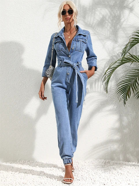 Damen-Denim-Jumpsuit mit Gürtel und langen Ärmeln
