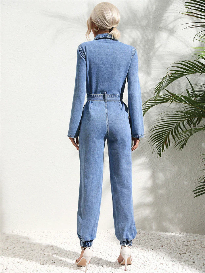 Damen-Denim-Jumpsuit mit Gürtel und langen Ärmeln