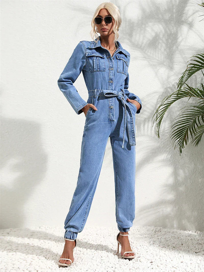Damen-Denim-Jumpsuit mit Gürtel und langen Ärmeln