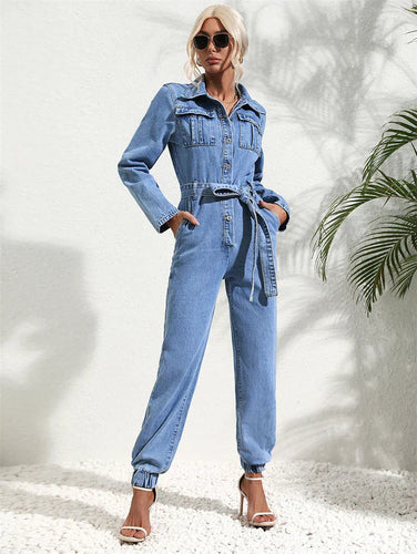 Damen-Denim-Jumpsuit mit Gürtel und langen Ärmeln