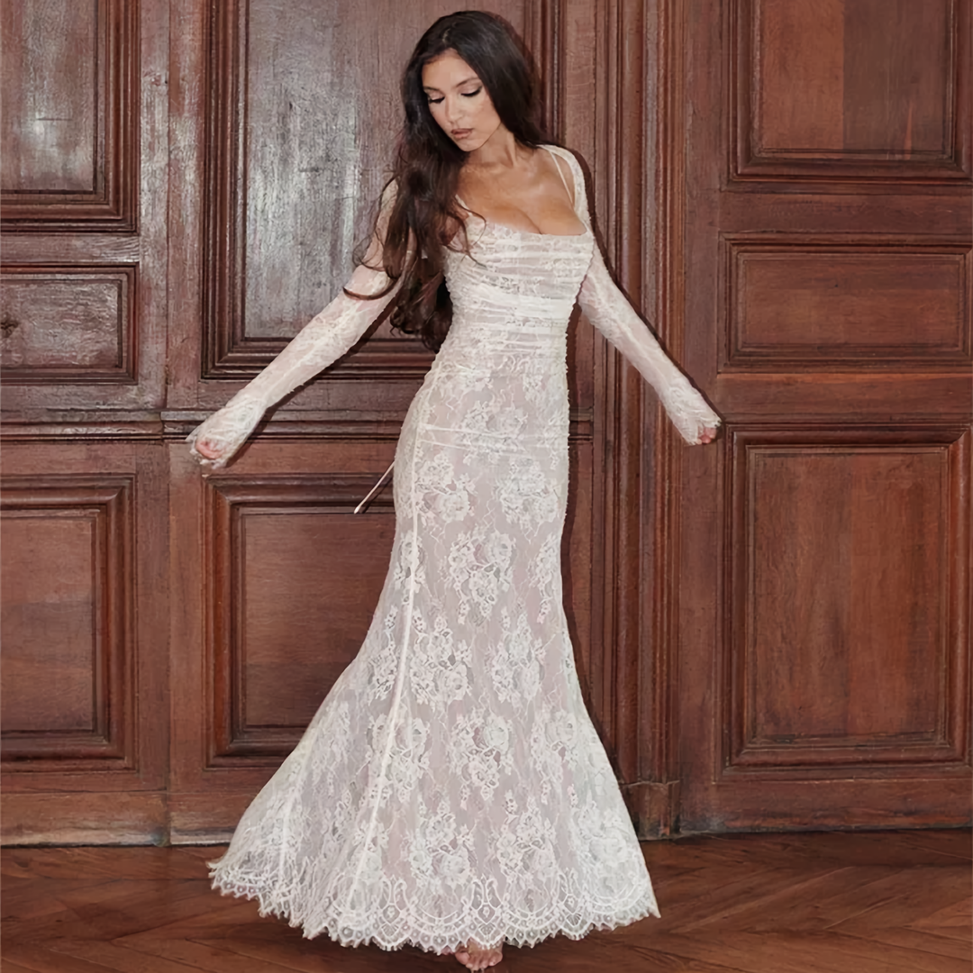 W&W Mode | Spitzen Maxikleid Elegantes Langarm Quadratischer Ausschnitt Formelles Abendkleid