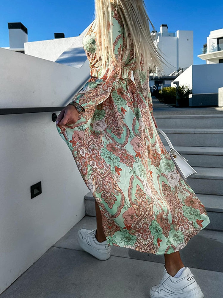W&W Mode | Bedrucktes Slim Fit Kleid mit langen Ärmeln für Frauen