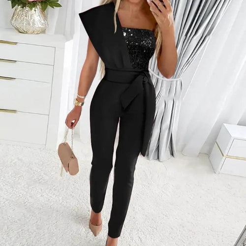 W&W Mode | One Shoulder Jumpsuit Mit Pailletten Und Taillenband