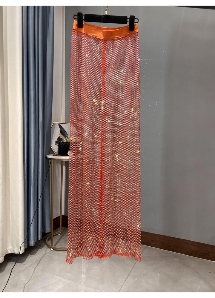 W&W Mode | Rhinestone Gerade Netz Weite Bein Slim Fit Schmeichelnde Mop Hosen