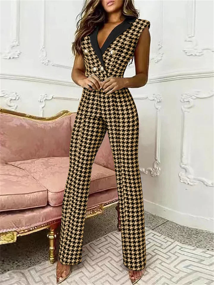 W&W Mode | Jumpsuit mit V-Ausschnitt und Pied-de-Poule-Druck | Trendy und Elegant