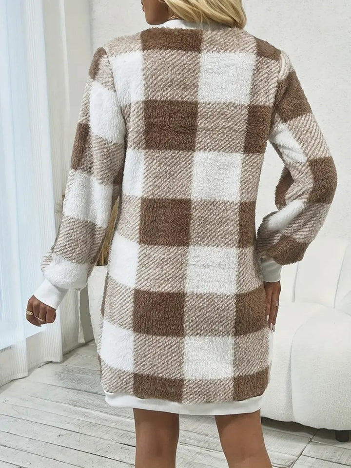 W&W Mode | Schicke Herbstbraune Kariert V-Ausschnitt Pulloverkleid für Frauen