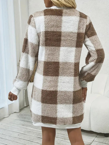 W&W Mode | Schicke Herbstbraune Kariert V-Ausschnitt Pulloverkleid für Frauen