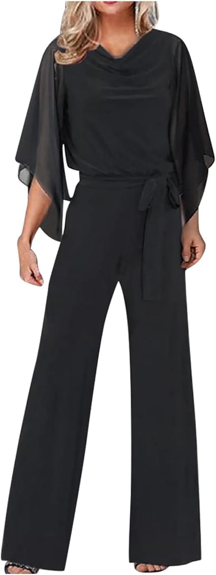 Damen Jumpsuit mit weitem Bein, asymmetrischen Ärmeln und Schnürung