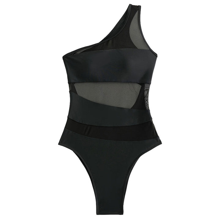 W&W Mode | Asymmetrischer Ein Schulter Cutout Rückenpanel Transparente Mesh Brasilianischer Einteiler Badeanzug