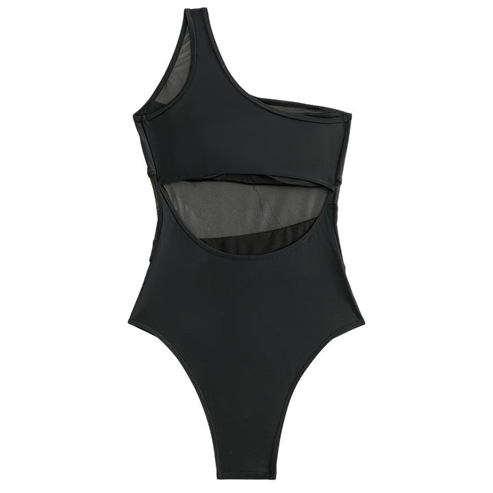 W&W Mode | Asymmetrischer Ein Schulter Cutout Rückenpanel Transparente Mesh Brasilianischer Einteiler Badeanzug