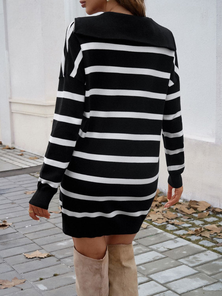 W&W Mode | Schicker Herbst Gestreifter Quarter Zip Pullover Kleid für Frauen