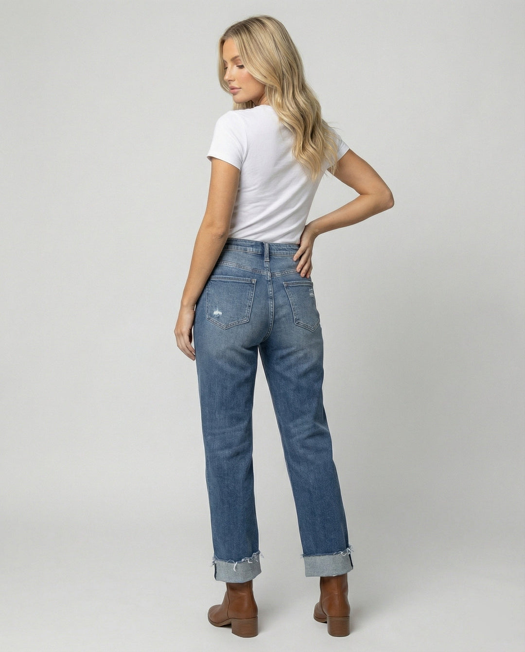 W&W Mode - Damen Gewaschene Denim Hose, Hochbund mit Taillenzug