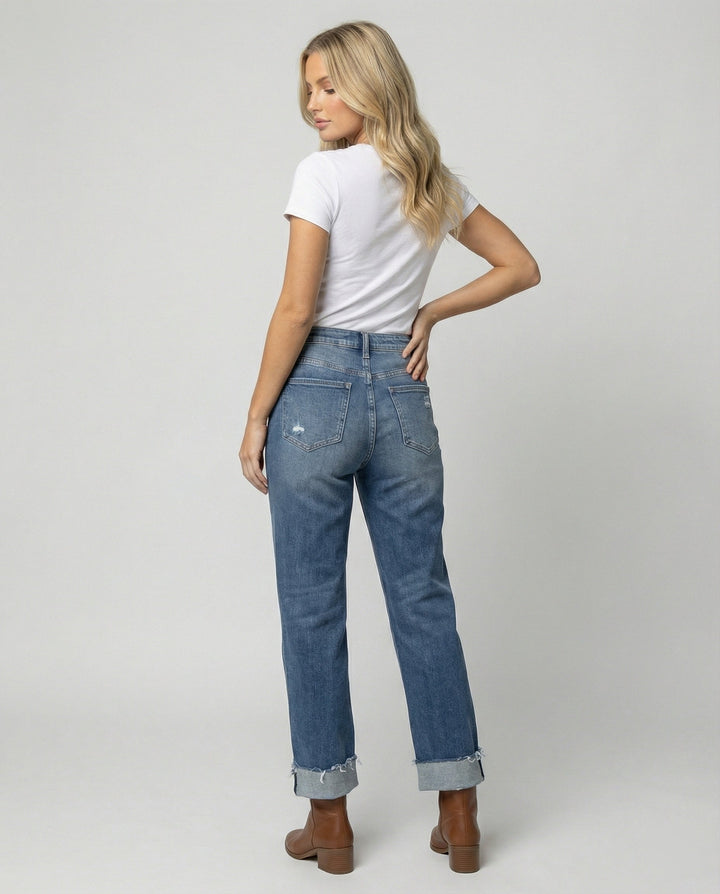 W&W Mode - Damen Gewaschene Denim Hose, Hochbund mit Taillenzug