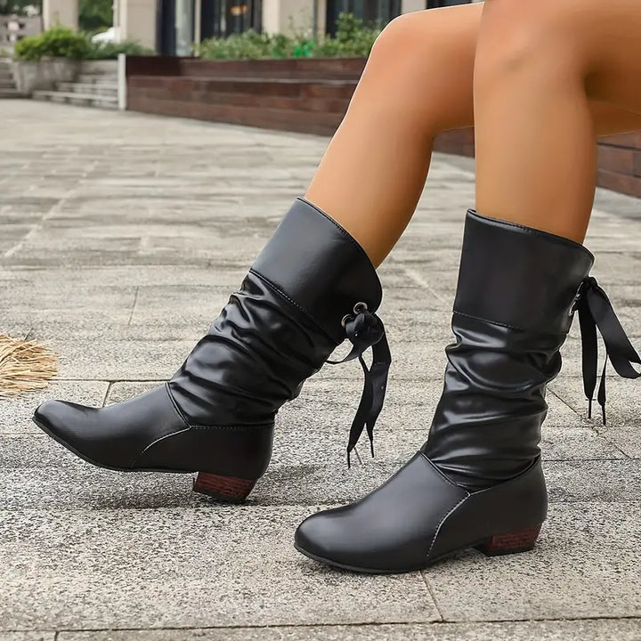 W&W Mode | Trendy Damenstiefel mit Schnürung und Blockabsatz bis zur Wade
