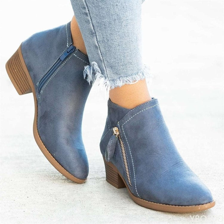 W&W Mode - Damen Stiefeletten mit doppeltem Reißverschluss und chunky niedrigem Absatz