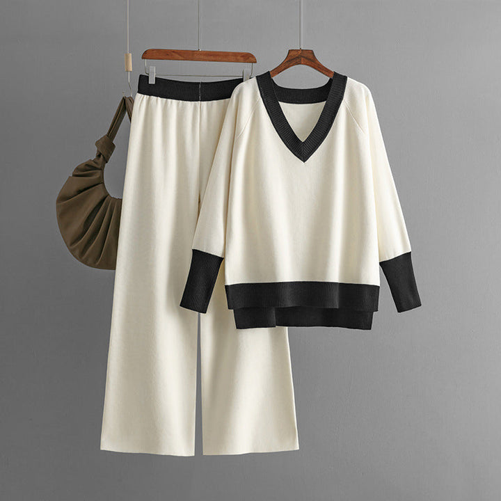 W&W Mode | Stilvolles Set Aus Langärmligem Strickoberteil Und Hose Mit V-Ausschnitt