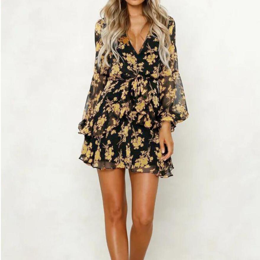 W&W Mode | Kleid Blumen Blatt Druck Laternenärmel Empire