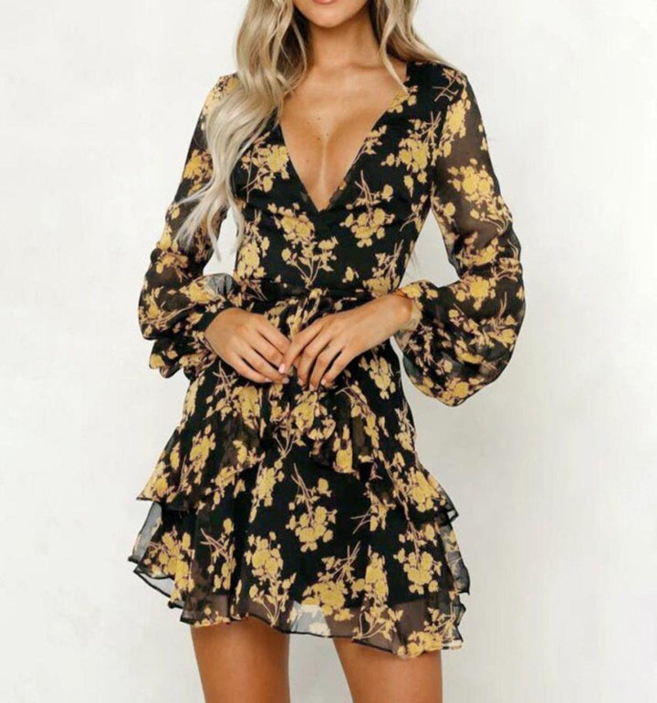 W&W Mode | Kleid Blumen Blatt Druck Laternenärmel Empire