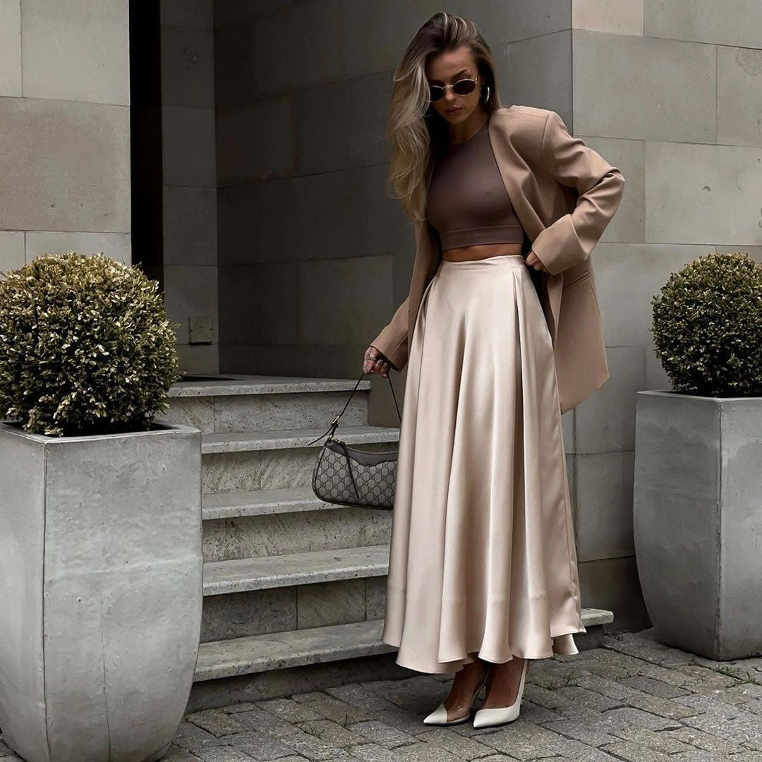 W&W Mode | Elegante Hoch Taille Ausgestellte A-Linie Polierte Satin Falten Midi Rock