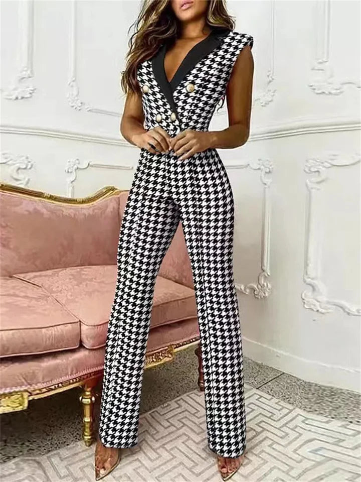 W&W Mode | Jumpsuit mit V-Ausschnitt und Pied-de-Poule-Druck | Trendy und Elegant