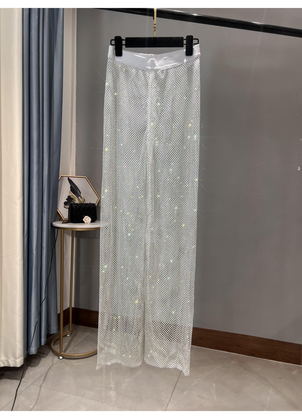W&W Mode | Rhinestone Gerade Netz Weite Bein Slim Fit Schmeichelnde Mop Hosen