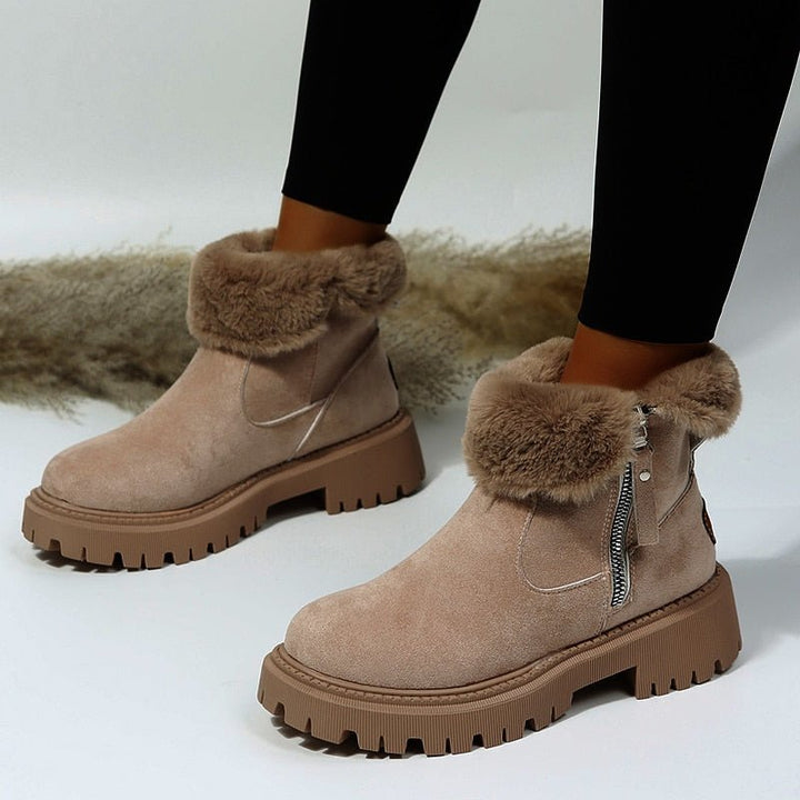 W&W Mode | Damen Stiefeletten - gefütterte Wildlederstiefel mit Reißverschluss und Fellkragen