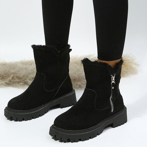 W&W Mode | Damen Stiefeletten - gefütterte Wildlederstiefel mit Reißverschluss und Fellkragen