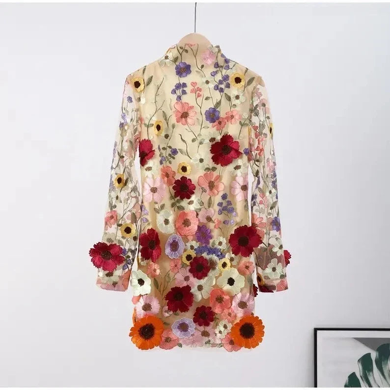 Damen Minikleid mit floralen Applikationen und durchscheinender Optik