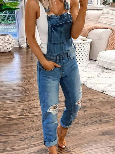 W&W Mode | Doppel Schulter Träger Zerrissener Denim Overall Damen Lässig
