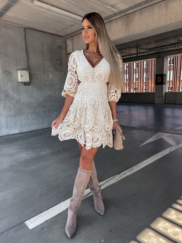 W&W Mode | Damen Unifarbene V-Ausschnitt Spitzenkleid