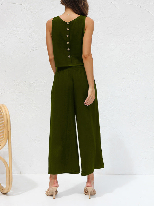 W&W Mode | Damen Lässige Ärmellose Knopfleiste Weste Kurze Weit Geschnittene Hose Baumwolle Und Leinen Anzug