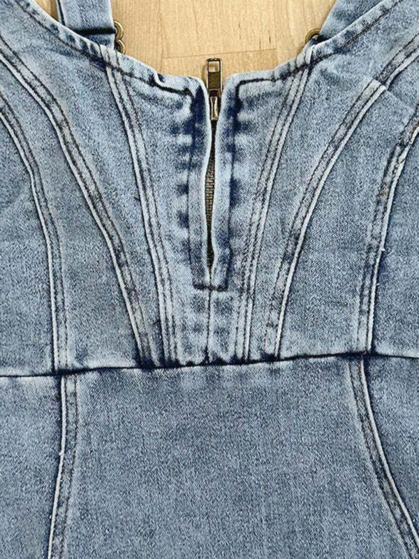 W&W Mode | Kurzärmliges U-Ausschnitt Träger Lässiges Denim Kleid