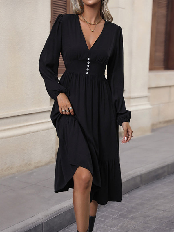 W&W Mode | Neue Damenlangarm Einfarbige V-Ausschnitt Taillen Kleid
