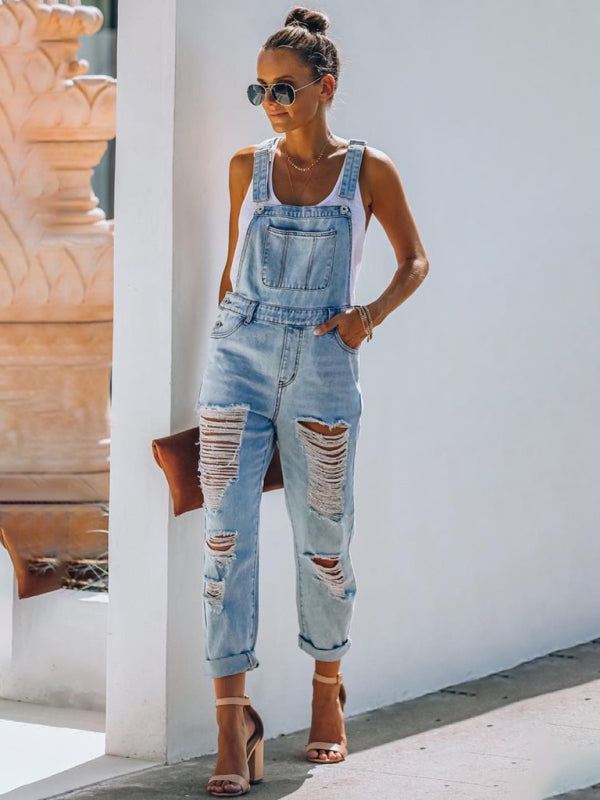 W&W Mode | Neuer Stil Lässiger Pendler Zerrissener Mid Waist Denim Overall