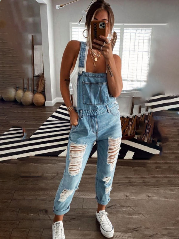 W&W Mode | Neuer Stil Lässiger Pendler Zerrissener Mid Waist Denim Overall