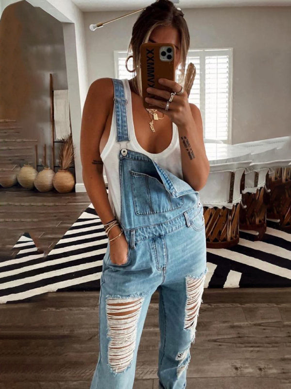 W&W Mode | Neuer Stil Lässiger Pendler Zerrissener Mid Waist Denim Overall