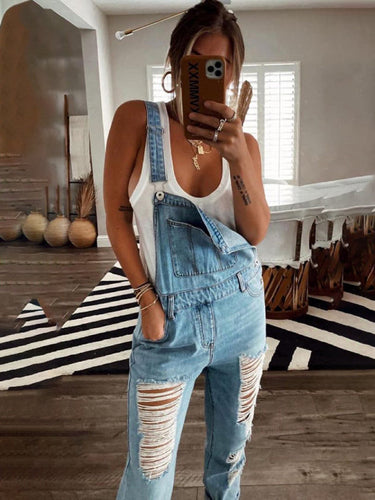 W&W Mode | Neuer Stil Lässiger Pendler Zerrissener Mid Waist Denim Overall