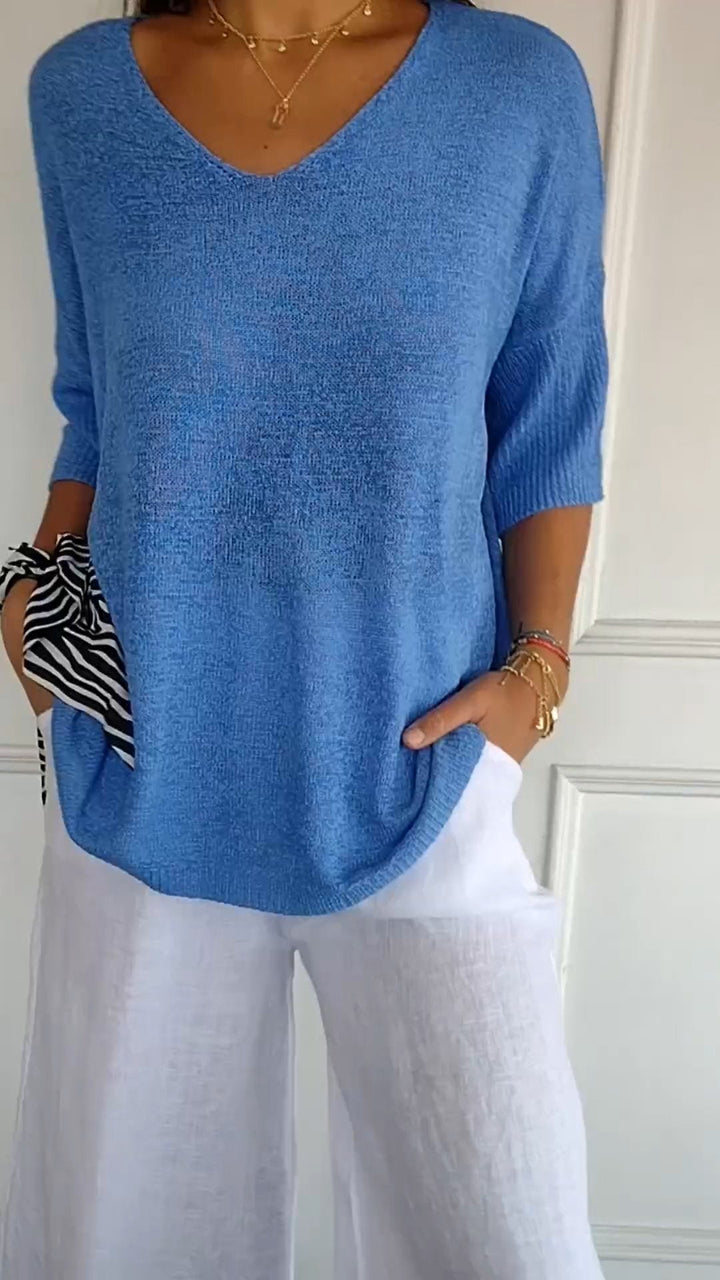 W&W Mode | Unifarbenes Stricktop mit V-Ausschnitt