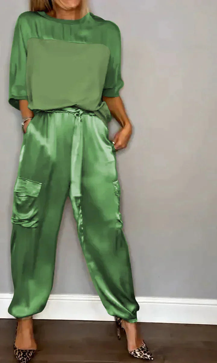 W&W Mode | Zweiteiliges Satinanzug Mit Mittellanger Bluse Und Hose Für Damen
