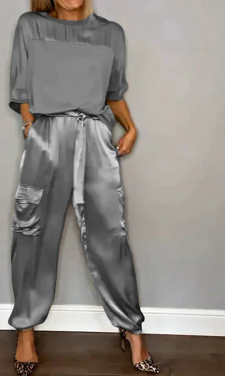 W&W Mode | Zweiteiliges Satinanzug Mit Mittellanger Bluse Und Hose Für Damen