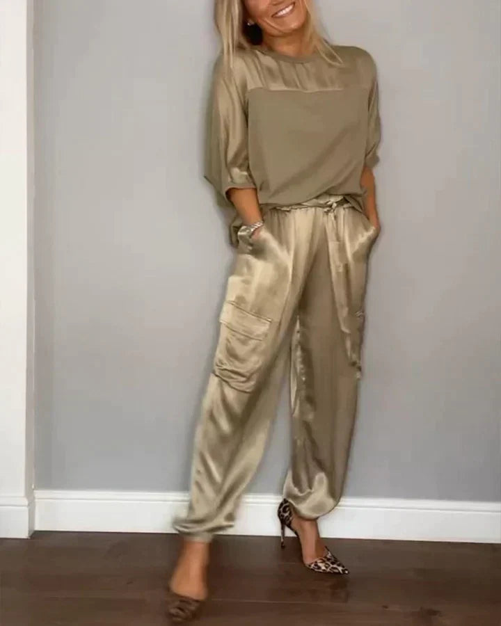 W&W Mode | Zweiteiliges Satinanzug Mit Mittellanger Bluse Und Hose Für Damen
