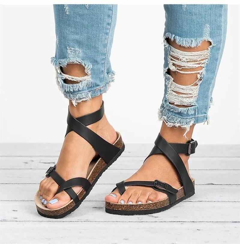 W&W Mode | Leder Flachsohlen Sandalen Flip Flop Gürtel Schnalle Rom Stil