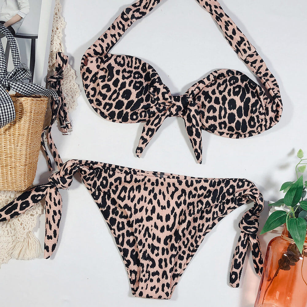 W&W Mode | Leopardenmuster Schleifen Bandeau Brasilianischer Zweiteiliger Bikini Badeanzug