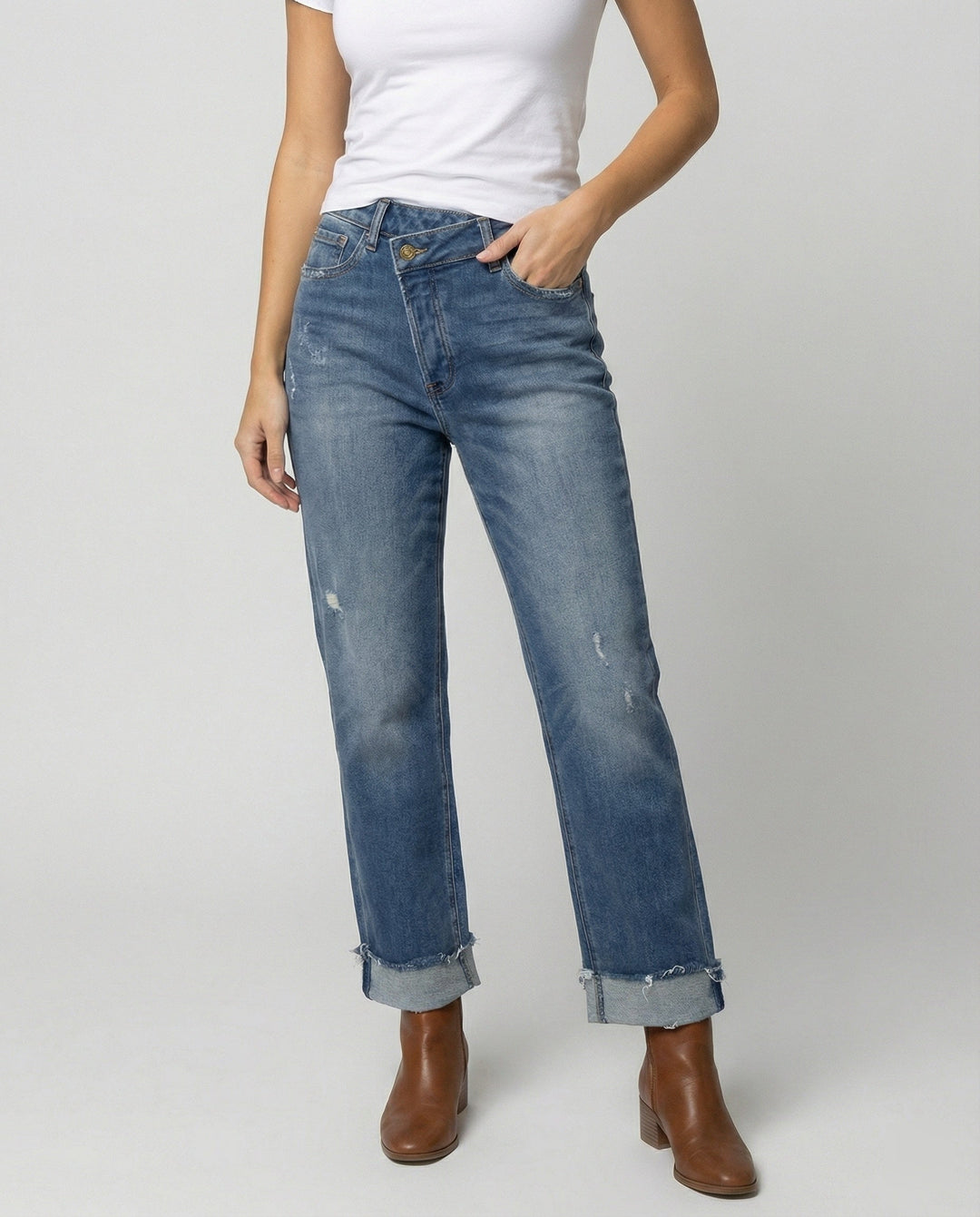 W&W Mode - Damen Gewaschene Denim Hose, Hochbund mit Taillenzug